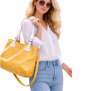 PULICATI Genuine Leather Tote Bag Yellow White Straps Made in Italy Chic 15-07‎
